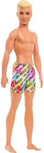Barbie Ken Beach Doll with Blond Hair Dressed in Colorful Los Angeles-Print Swim Trunks