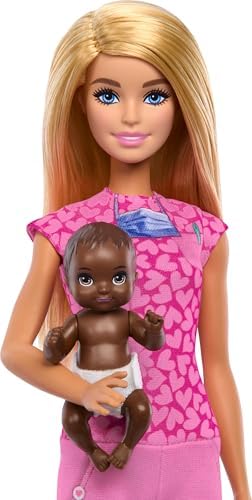 Barbie Doctor Doll with Blonde Fashion Doll Wearing Pink Scrubs 1 Baby with Furniture