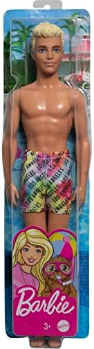 Barbie Ken Beach Doll with Blond Hair Dressed in Colorful Los Angeles-Print Swim Trunks