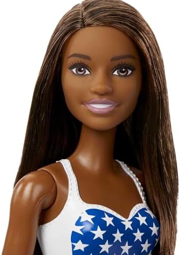Barbie Doll with Beach Theme in American Flag Stars and Stripes Swimsuit Brunette