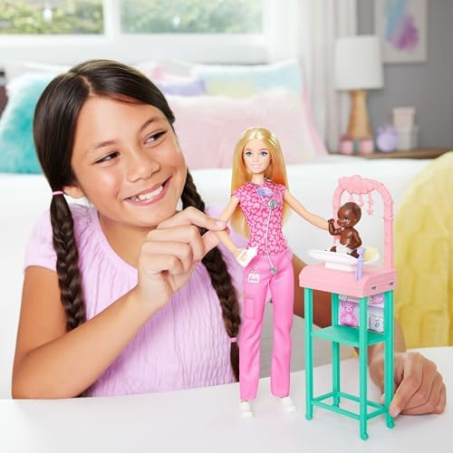Barbie Doctor Doll with Blonde Fashion Doll Wearing Pink Scrubs 1 Baby with Furniture