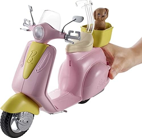 Barbie Toy Scooter with Puppy Helmet Accessory Pink Yellow Moped with Basket Kickstand Seat Clip for Doll