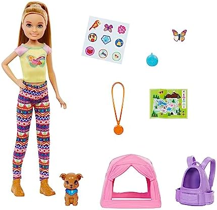 Barbie It Takes Two Stacie Doll Camping Playset with Doll Pet Tent Puppy Sticker Sheet