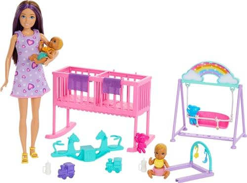 Barbie Skipper Doll Nursery Playset with Includes Twin Baby Dolls Crib Swing See-Saw More