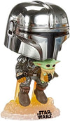 Funko Pop Star Wars Across The Galaxy - The Mandalorian Holding Grogu with Pin Chrome