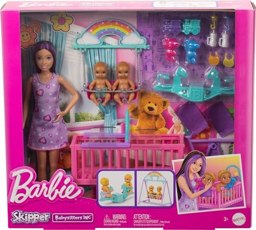 Barbie Skipper Doll Nursery Playset with Includes Twin Baby Dolls Crib Swing See-Saw More