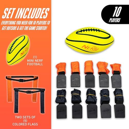 Nerf 10 Player Flag Football Belts Ball Set - Youth Flags Junior Foam Football for - Full