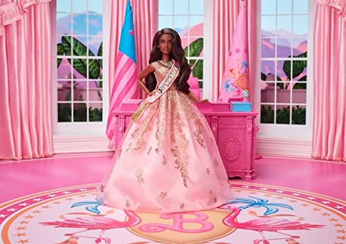 Barbie The Movie Doll President Wearing Shimmery Pink Gold Dress with Sash