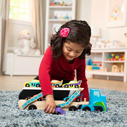 Melissa & Doug Melissa Doug Mega Race-Car Carrier - Wooden Tractor and Trailer With 6