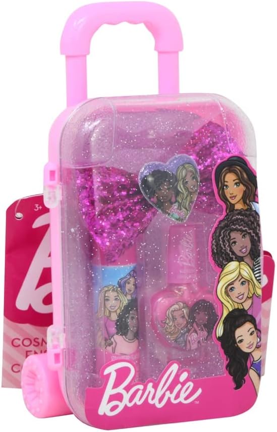 Barbie in Mini Luggage Case - Barbie Cosmetic for Girls includes Sequin Ribbon Bow Clip