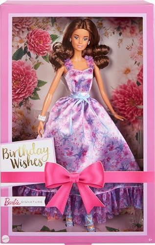 Barbie Signature Birthday Wishes Doll in Satiny Lilac Dress with Wavy Brown Hair