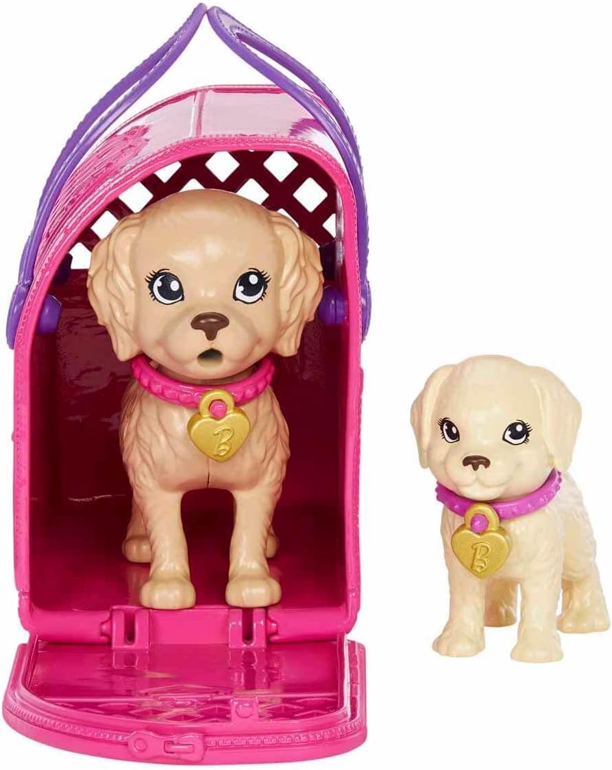 Barbie Pup Adoption Doll Set with Color-Change 2 Pets Carrier 10 Brunette in Purple Dress