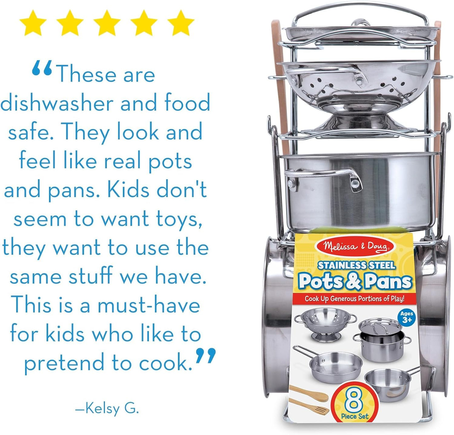 Melissa & Doug Melissa Doug Stainless Steel Pots and Pans Pretend Play Kitchen Set for 8
