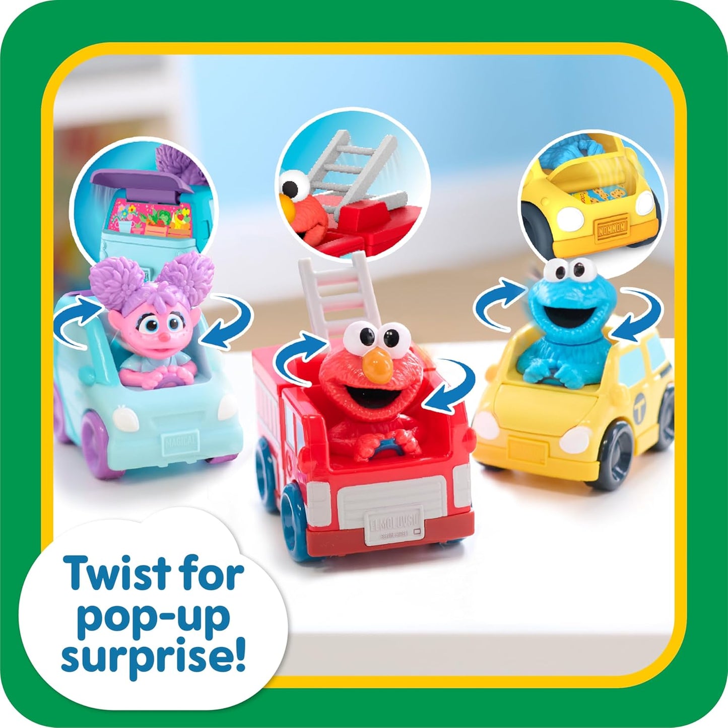 Just Play Sesame Street Twist and Pop Wheelies 3-Pack Preschool Toy Vehicle