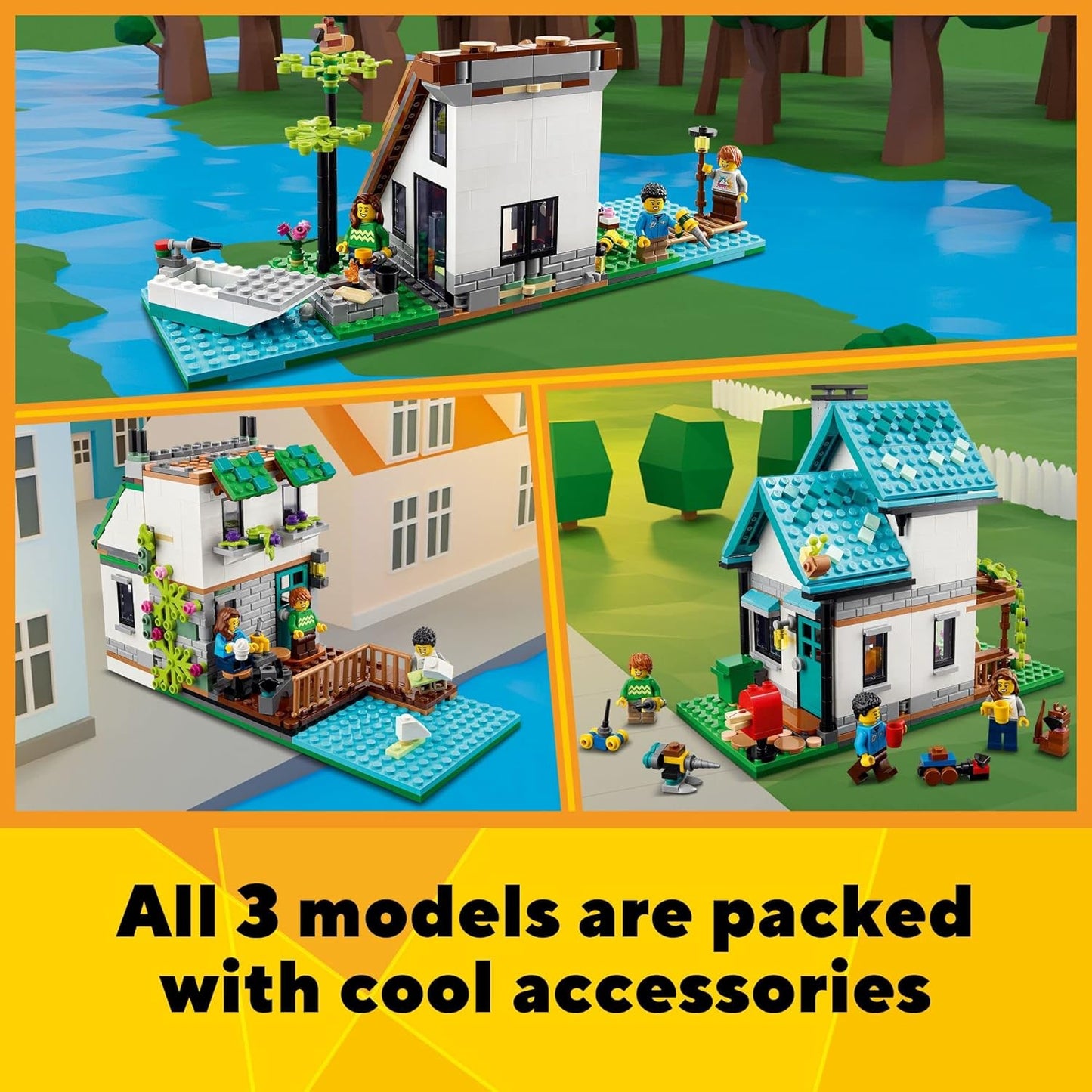LEGO Creator 3 in 1 Cozy House Building Kit Rebuild into 3 Different Houses Includes