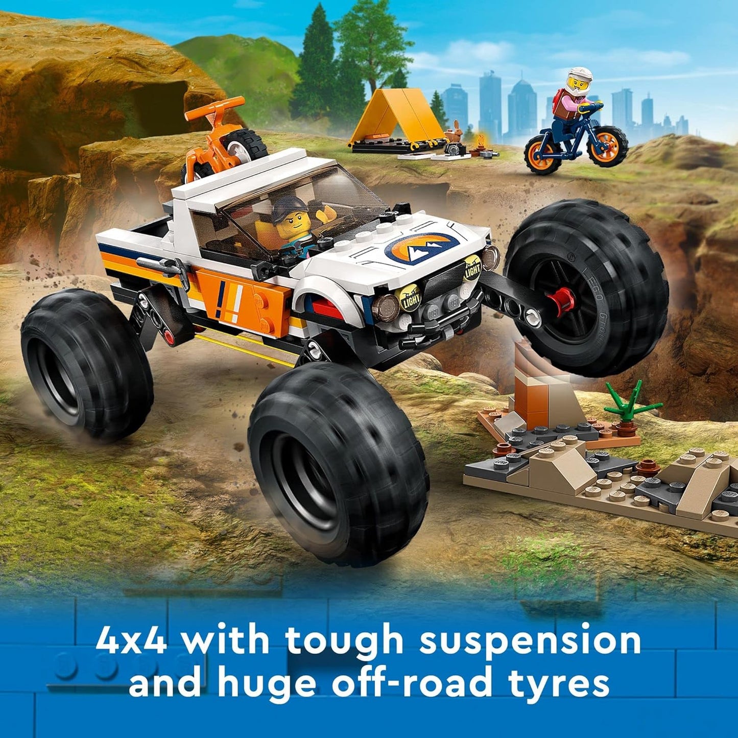 LEGO City 4x4 Off-Roader Adventures 60387 Building Toy - Camping Set Including Monster Truck Style Car with Working Suspension and Mountain Bikes 2 Minifigures Vehicle