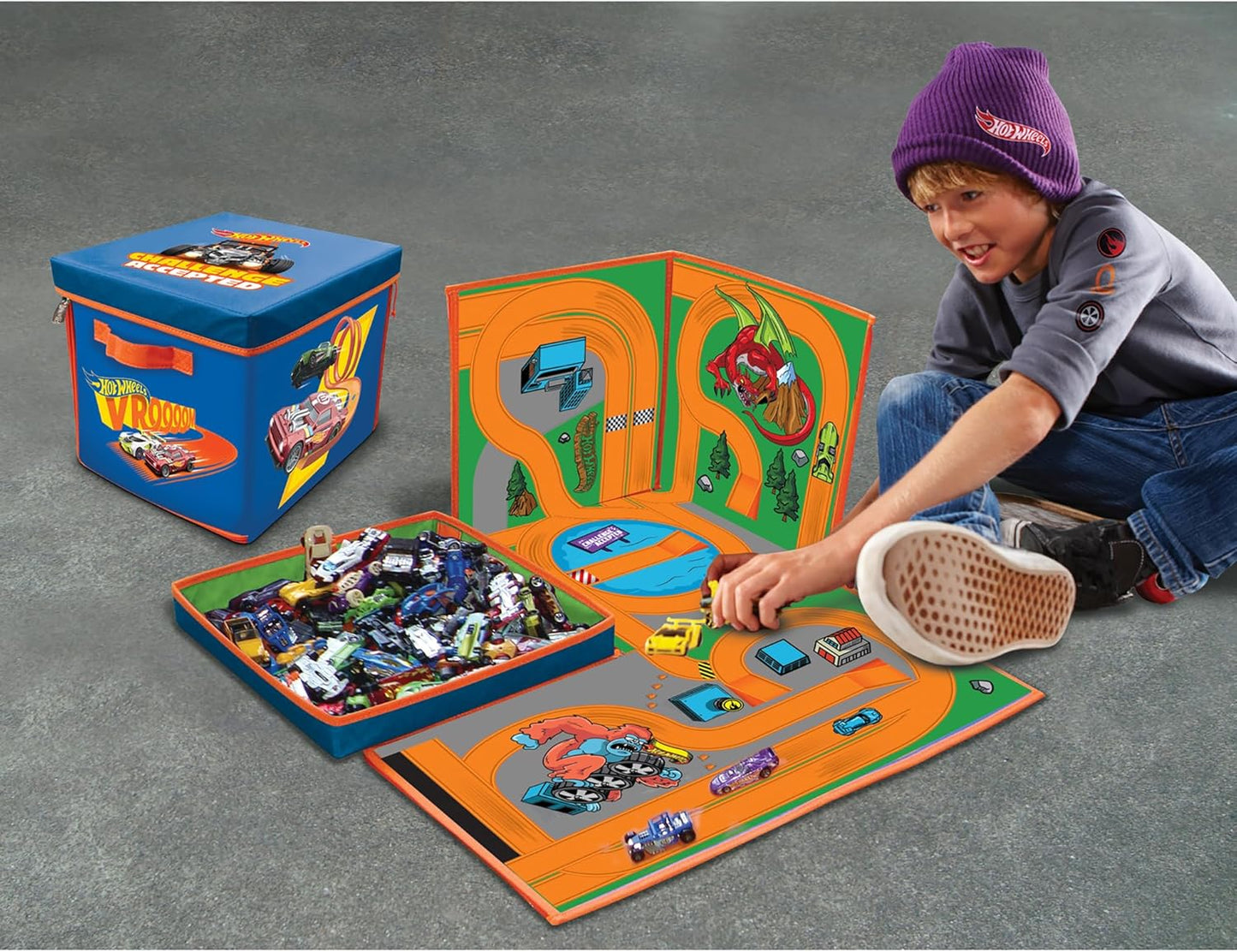 Hot Wheels Tara Toy ZipBin 300 Car Storage Cube - Unzip to Convert Into A Playmat Holds