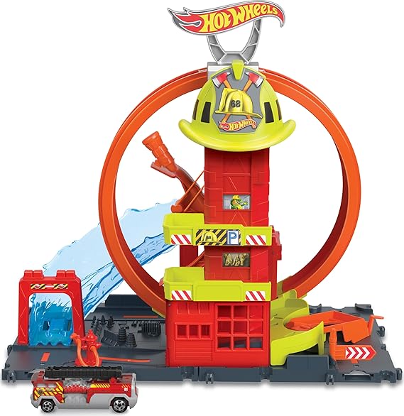 Hot Wheels City Toy Car Track Set Super Loop Fire Station 164 Scale Firetruck Connects to