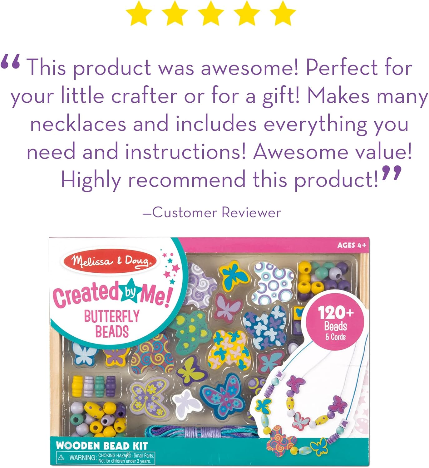 Melissa & Doug Created by Me! Butterfly Beads Kit €€œ 120+ Wooden Beads for Jewelry Making – 120