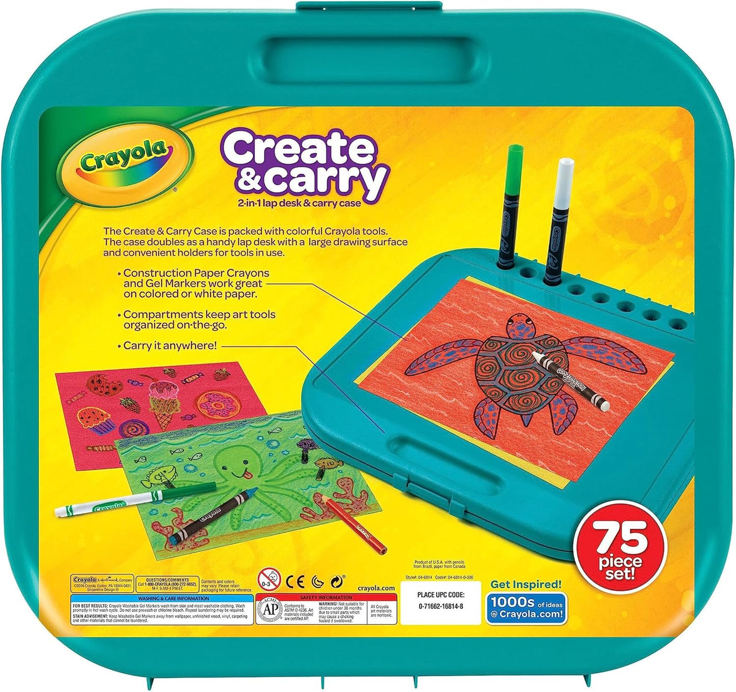 Crayola Create 'N Carry Art Set 75pcs 2-in-1 Lap Desk Carrying Case Art Kit for Crafts