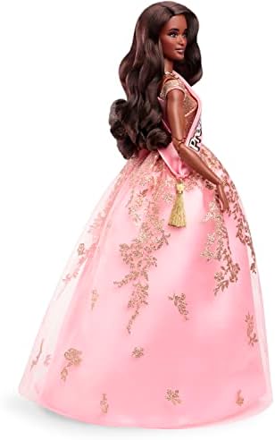 Barbie The Movie Doll President Wearing Shimmery Pink Gold Dress with Sash