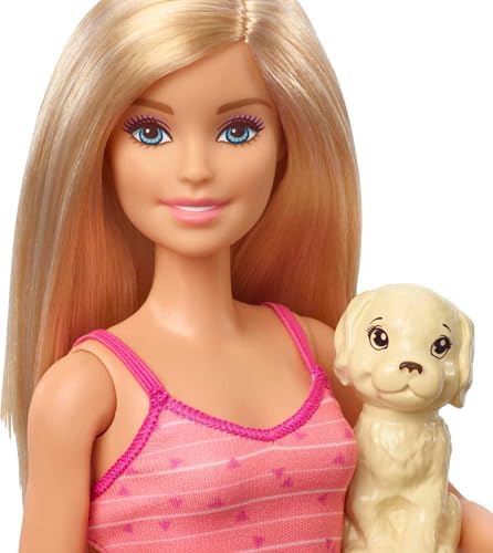Barbie Jamn Barbie GDJ37 - Barbie pop Blond en speelset met 3 pups badje en accessoires