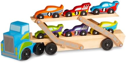 Melissa & Doug Melissa Doug Mega Race-Car Carrier - Wooden Tractor and Trailer With 6