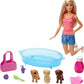 Barbie Jamn Barbie GDJ37 - Barbie pop Blond en speelset met 3 pups badje en accessoires