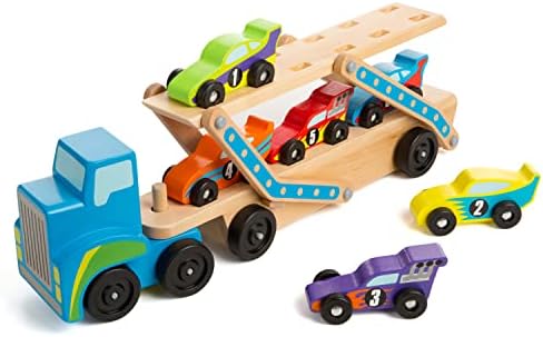Melissa & Doug Melissa Doug Mega Race-Car Carrier - Wooden Tractor and Trailer With 6