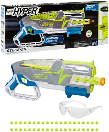 Nerf Hyper Siege-50 Pump-Action Blaster 40 Hyper Rounds Eyewear Up to 110 FPS Velocity