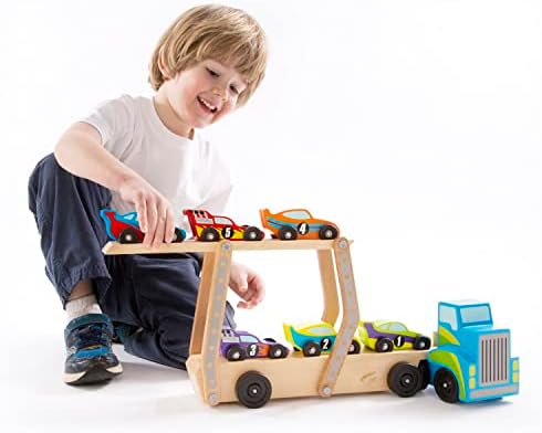Melissa & Doug Melissa Doug Mega Race-Car Carrier - Wooden Tractor and Trailer With 6