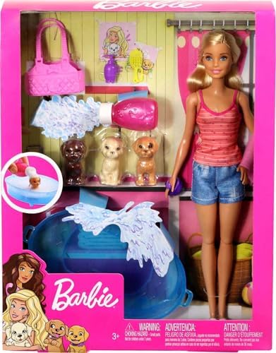 Barbie Jamn Barbie GDJ37 - Barbie pop Blond en speelset met 3 pups badje en accessoires