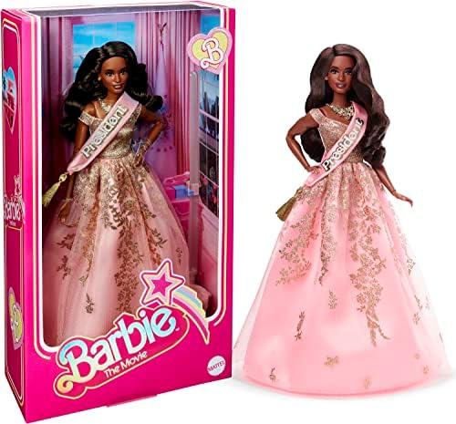 Barbie The Movie Doll President Wearing Shimmery Pink Gold Dress with Sash