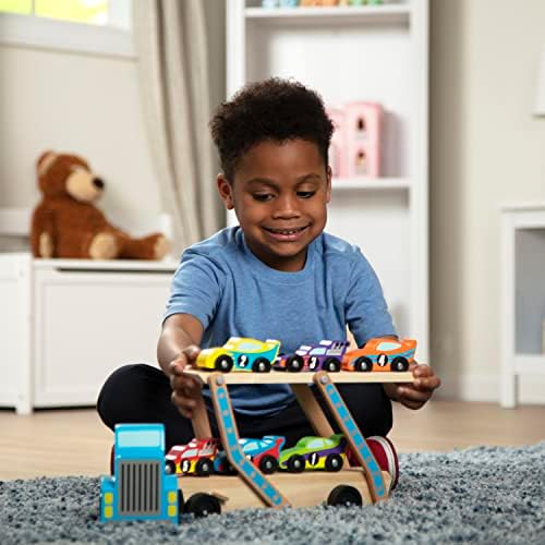 Melissa & Doug Melissa Doug Mega Race-Car Carrier - Wooden Tractor and Trailer With 6