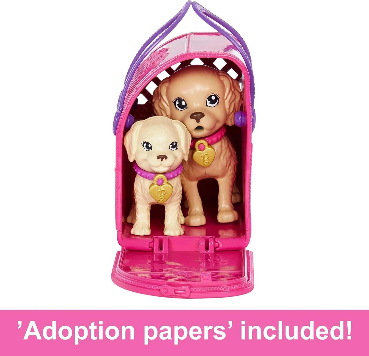 Barbie Pup Adoption Doll Set with Color-Change 2 Pets Carrier 10 Brunette in Purple Dress