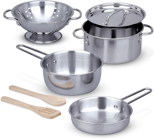 Melissa & Doug Melissa Doug Stainless Steel Pots and Pans Pretend Play Kitchen Set for 8