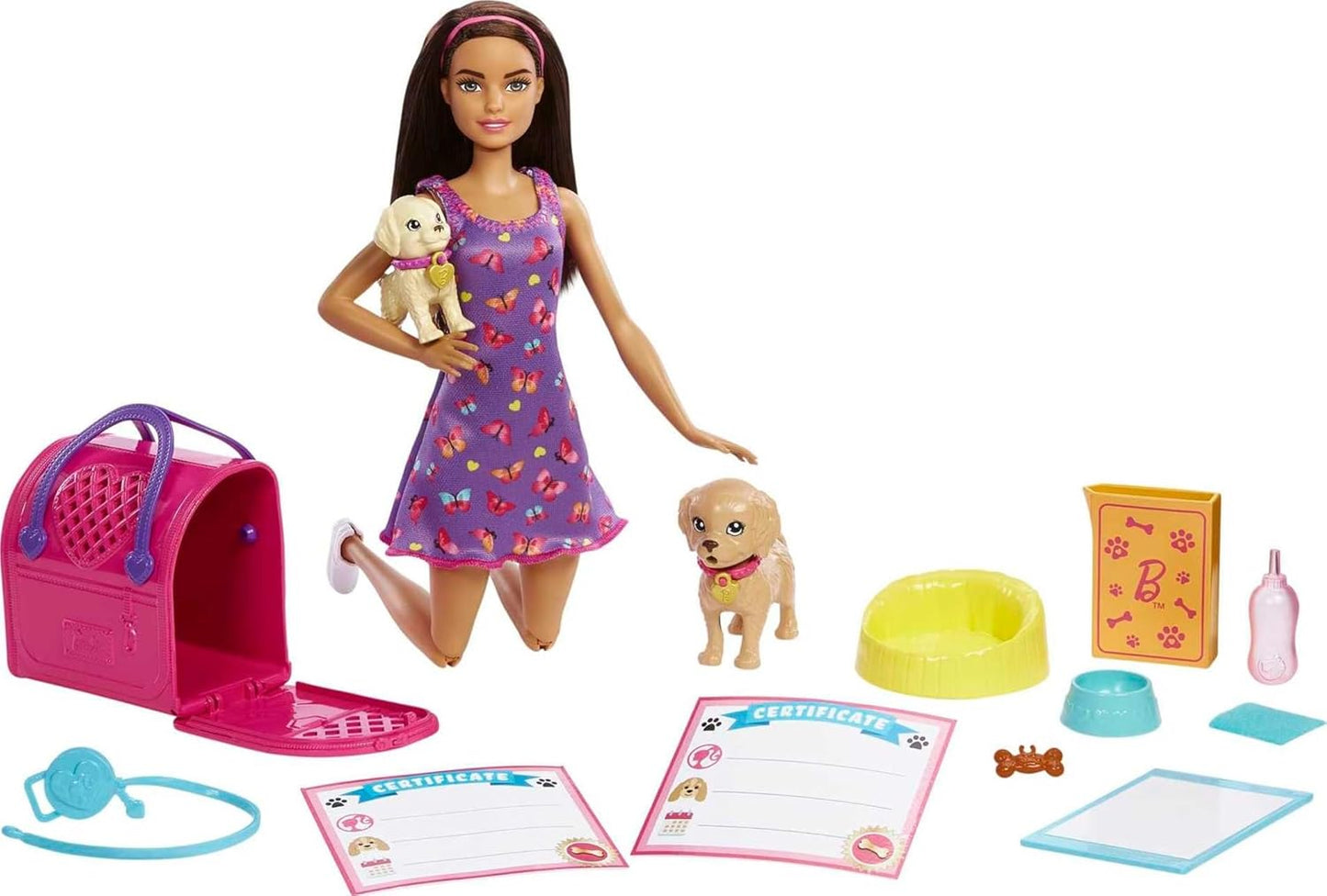 Barbie Pup Adoption Doll Set with Color-Change 2 Pets Carrier 10 Brunette in Purple Dress