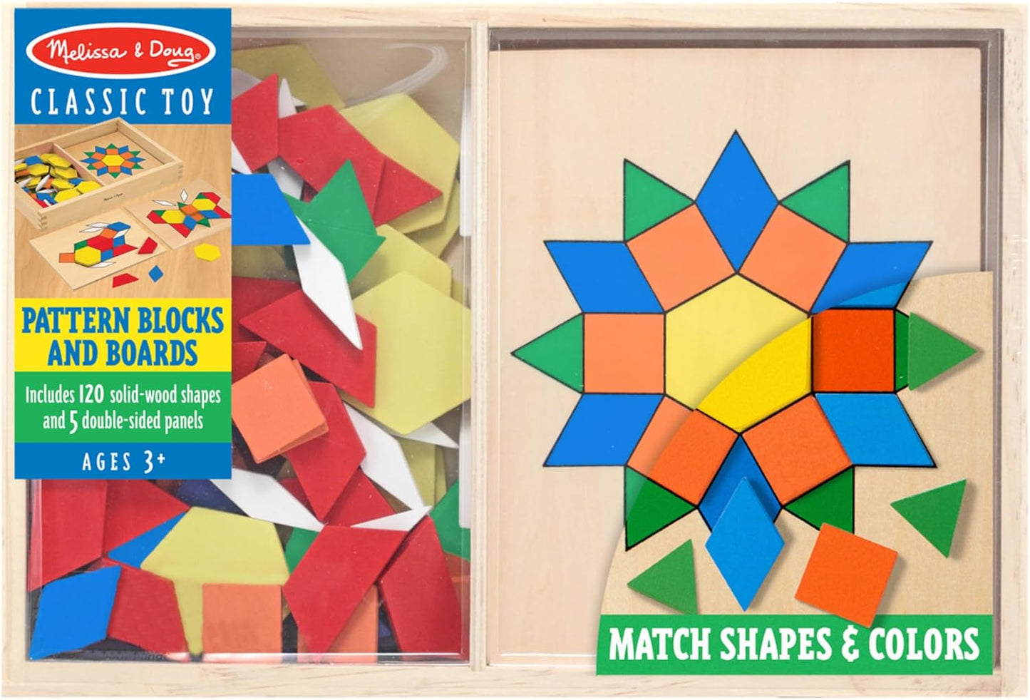 Melissa & Doug Melissa Doug Pattern Blocks and Boards - Wooden Classic Toy With 120 Solid Wood Shapes and 5 Double-Sided Panels Multi-colored - STEAM Animals Tangrams Puzzle