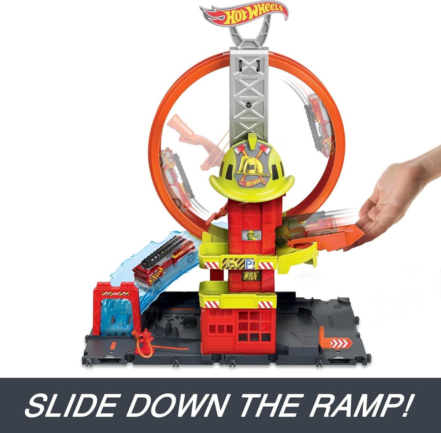 Hot Wheels City Toy Car Track Set Super Loop Fire Station 164 Scale Firetruck Connects to