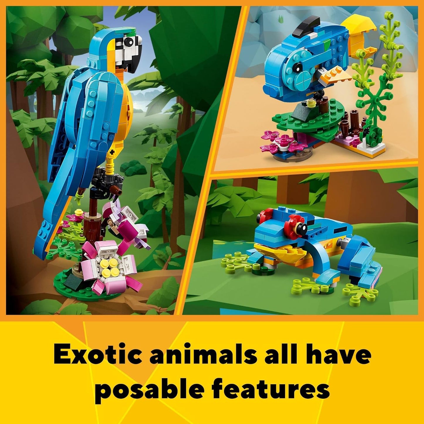 LEGO Creator 3 in 1 Exotic Parrot Building Toy Set Transforms to 3 Different Animal