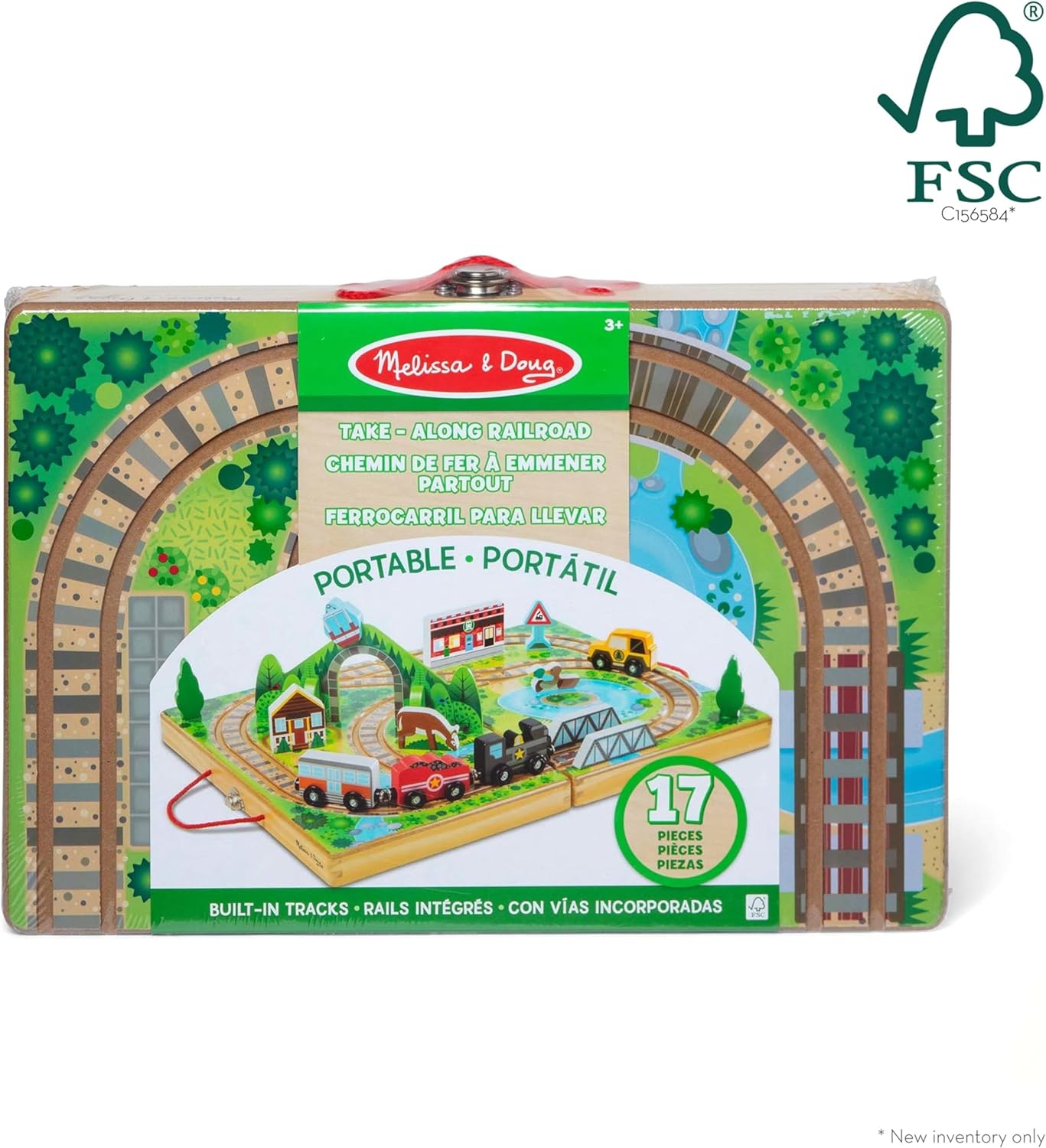 Melissa & Doug Melissa Doug 17-Piece Wooden Take-Along Tabletop Railroad 3 Trains Truck