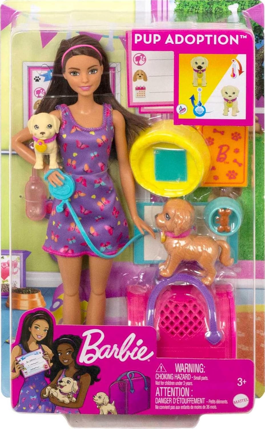 Barbie Pup Adoption Doll Set with Color-Change 2 Pets Carrier 10 Brunette in Purple Dress