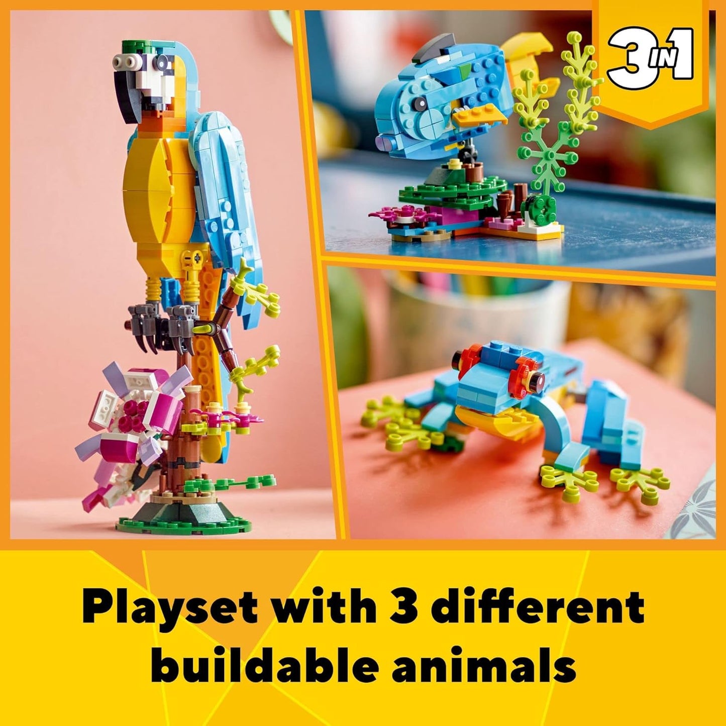 LEGO Creator 3 in 1 Exotic Parrot Building Toy Set Transforms to 3 Different Animal