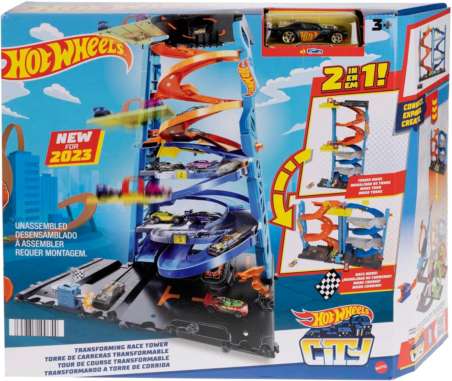Hot Wheels City Toy Car Track Set Transforming Race Tower Single to Dual-Mode Racing with 164 Scale Vehicle
