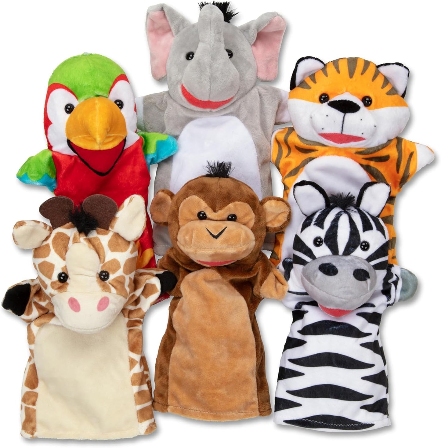 Melissa & Doug Melissa Doug Safari Buddies Hand Puppets Set of 6 Elephant Tiger Parrot Giraffe Monkey Zebra Soft Plush