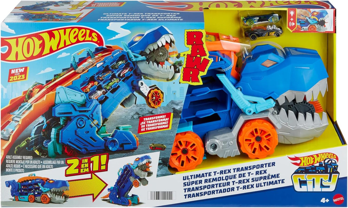 Hot Wheels City Toy Car Track Set Ultimate T-Rex Transporter Dinosaur Hauler for 20 Vehicle