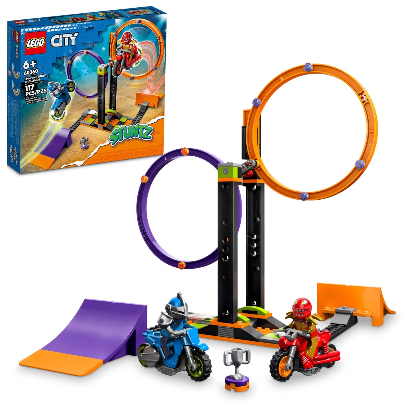 LEGO City Stuntz Spinning Stunt Challenge 60360-1 or 2 Player Tournaments with Flywheel-Powered Motorcycle Toys