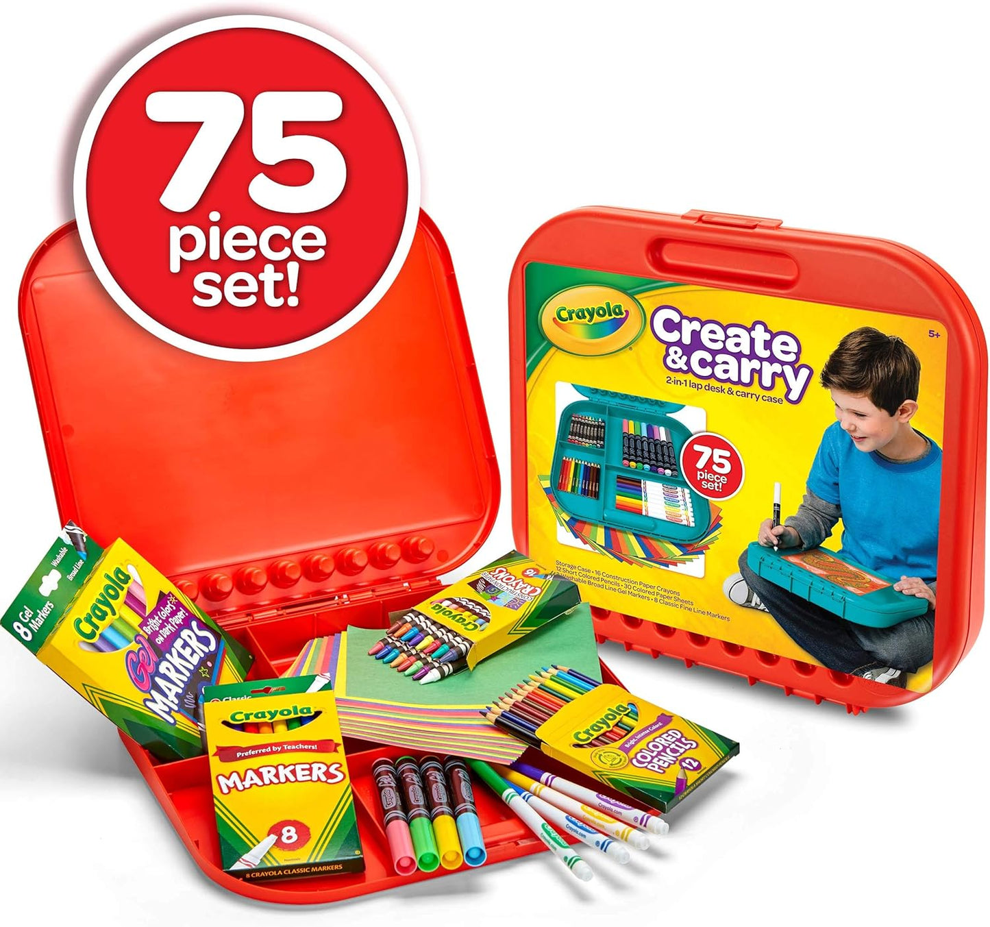 Crayola Create 'N Carry Art Set 75pcs 2-in-1 Lap Desk Carrying Case Art Kit for Crafts