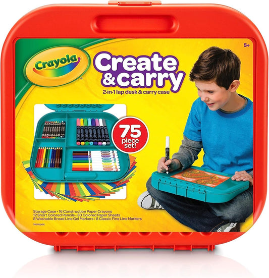 Crayola Create 'N Carry Art Set 75pcs 2-in-1 Lap Desk Carrying Case Art Kit for Crafts