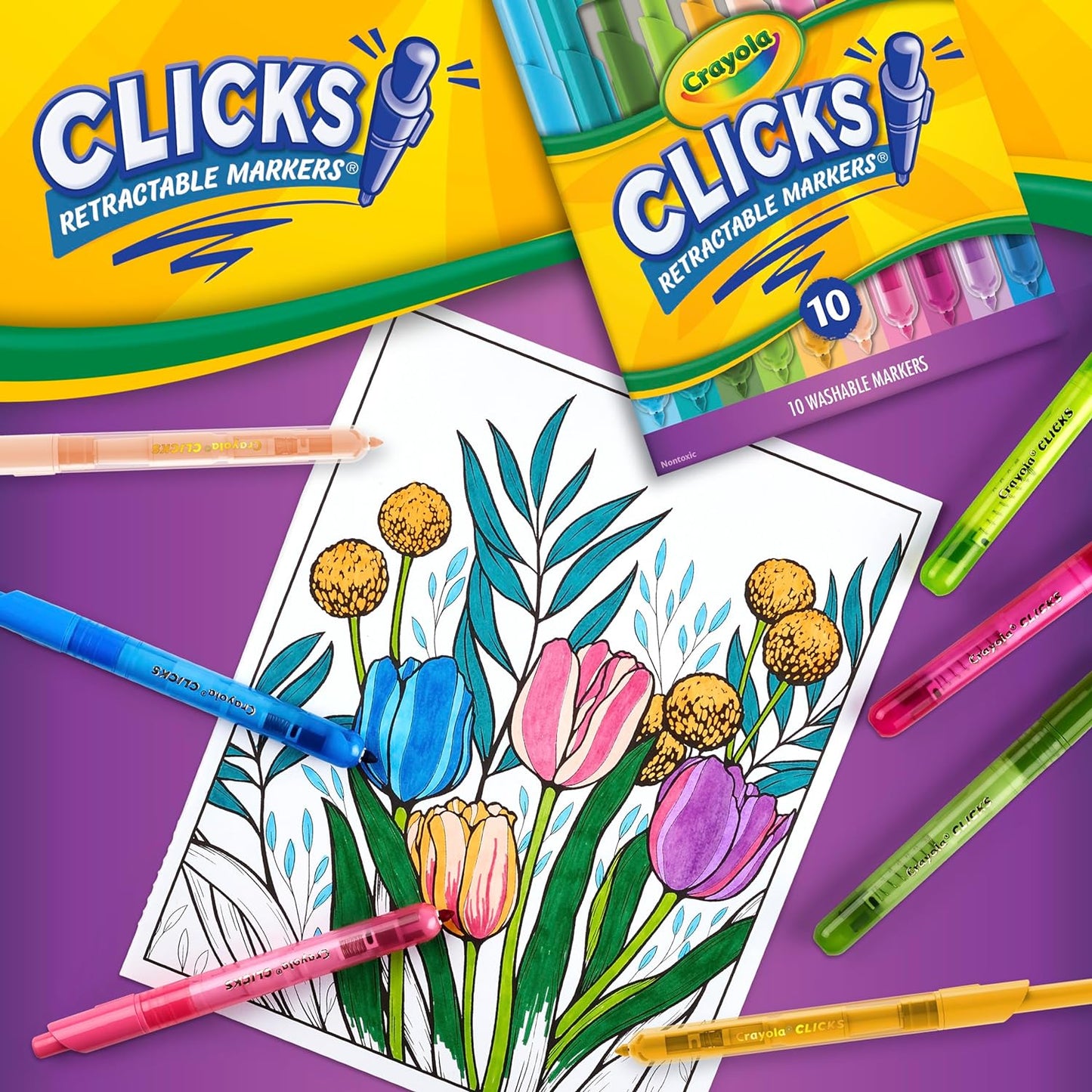 Crayola Clicks Retractable Markers 10ct No Dry Washable Markers for Bold Colors Click
